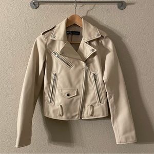 Zara Beige Faux Leather Biker Moto Jacket Sz:XS